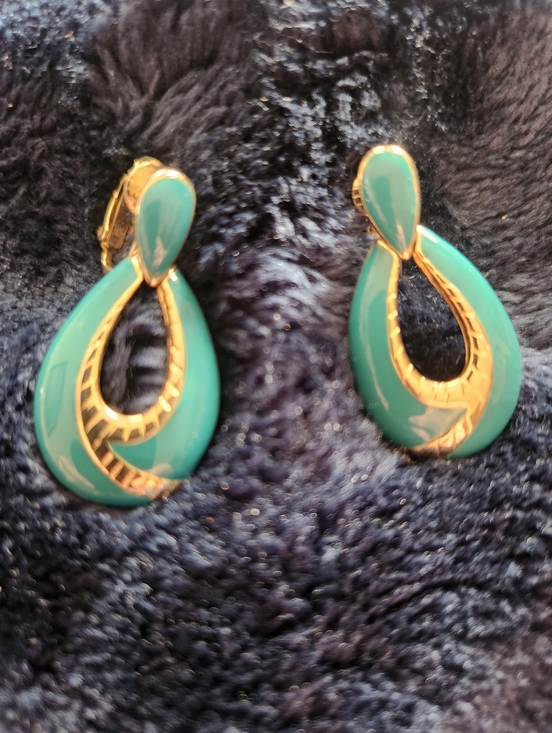 Jewelry - Vintage Gold-Tone Teardrop Hoop Earrings with Turquoise Enamel